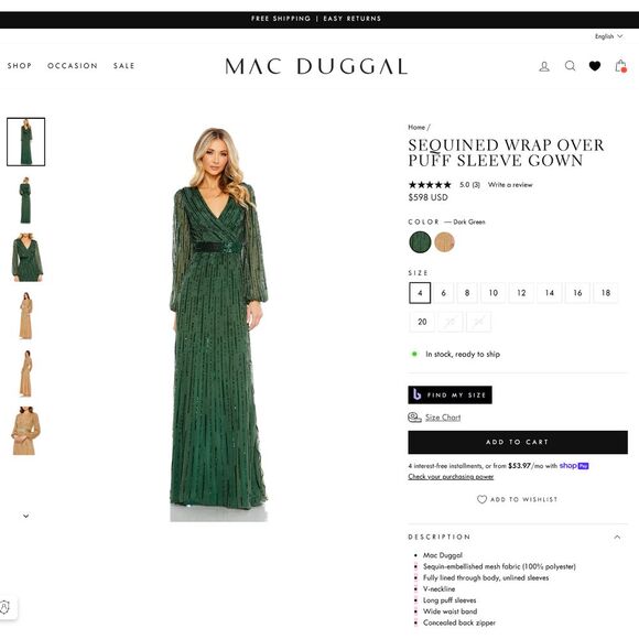 NWT $598 Mac Duggal [ 20 ] Sequined Wrap Over Puff Sleeve Gown Dark Green #G1665 - Picture 3 of 15